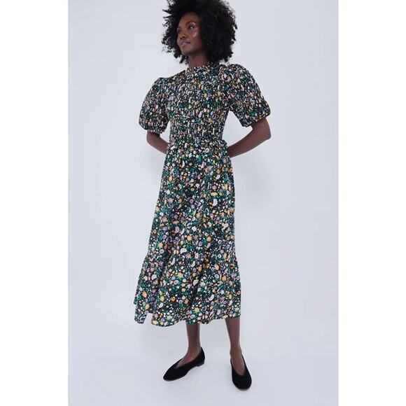 TUCKERNUCK Hyacinth House Black Multi Floral Smocked Samantha Midi Dress NWT XS - Picture 1 of 12